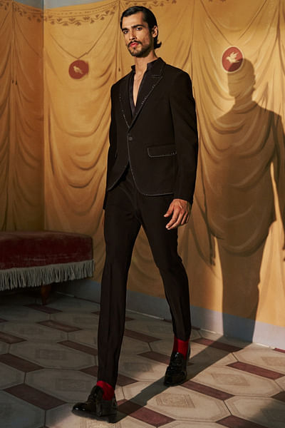 Black crystal embellished tuxedo set