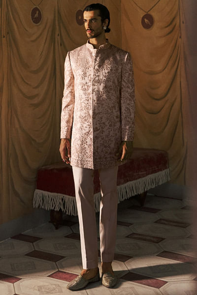 Peach floral embroidered sherwani set