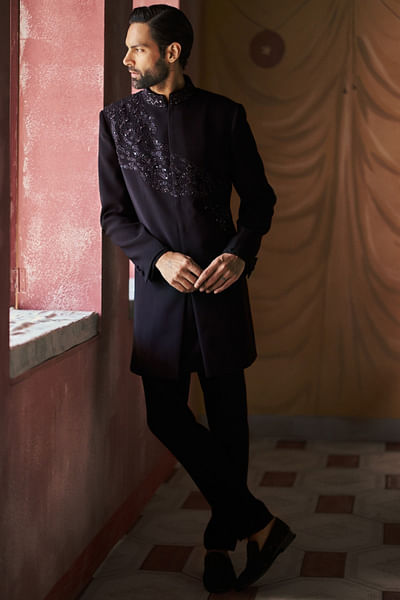 Black embroidered achkan set
