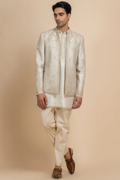 Ivory embroidered open-jacket and kurta set