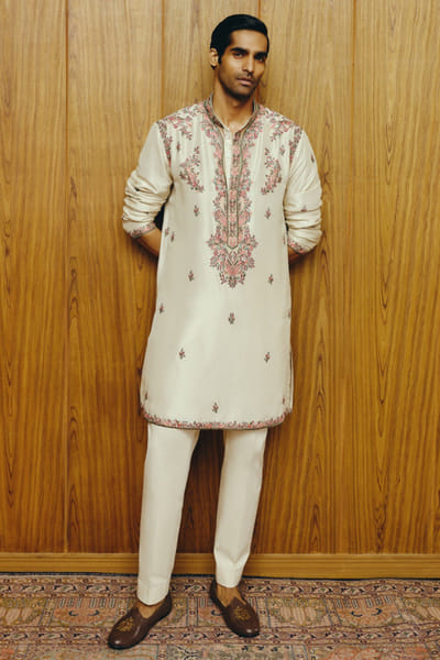 Ivory kashida embroidered kurta set