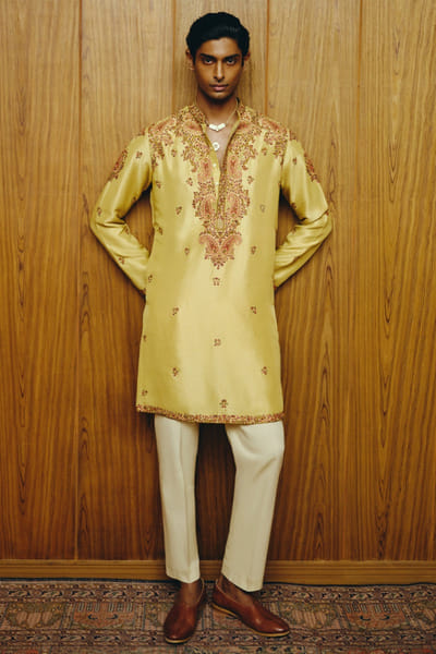 Yellow kashida embroidered kurta set