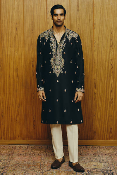 Navy kashida embroidered kurta set