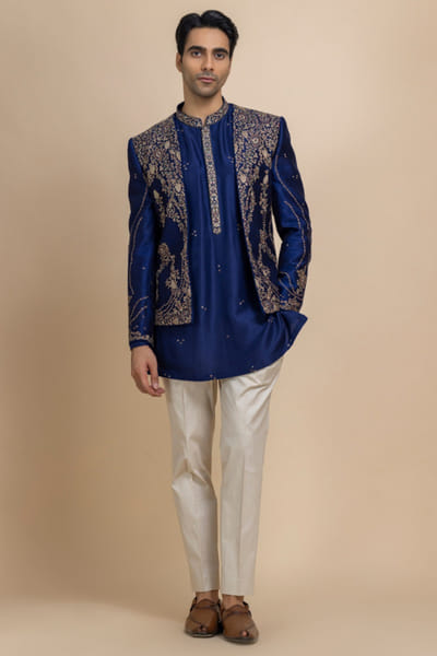 Royal blue hand embroidered open-jacket set