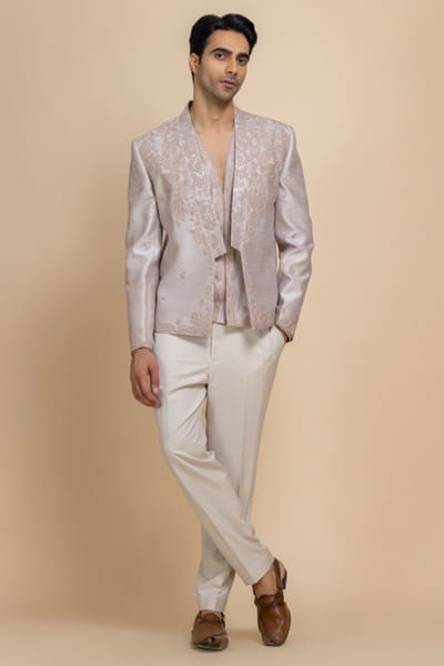 Rosy brown hand embroidered jacket set