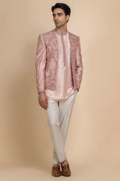 Pink rose hand embroidered jacket set