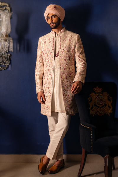 Bright white embroidered sherwani set