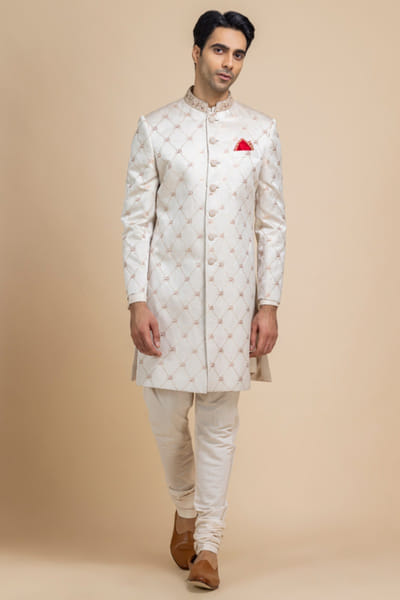 Pearl white banarasi brocade sherwani set