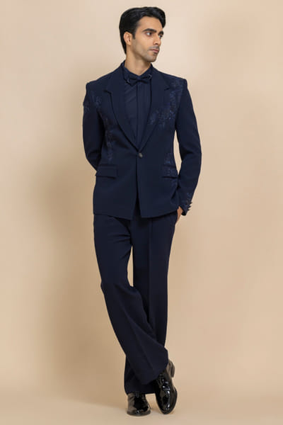 Navy embroidered Japanese crepe tuxedo set