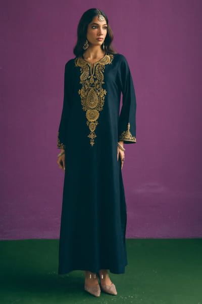 Black patchwork embroidered woollen choga set