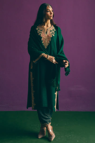 MIRASA Green patchwork woollen phiran kurta set MIRFEB26D139372