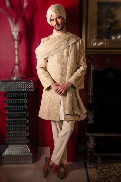 Fog green embroidered sherwani set