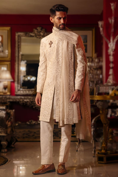 Eggwhite embroidered sherwani set