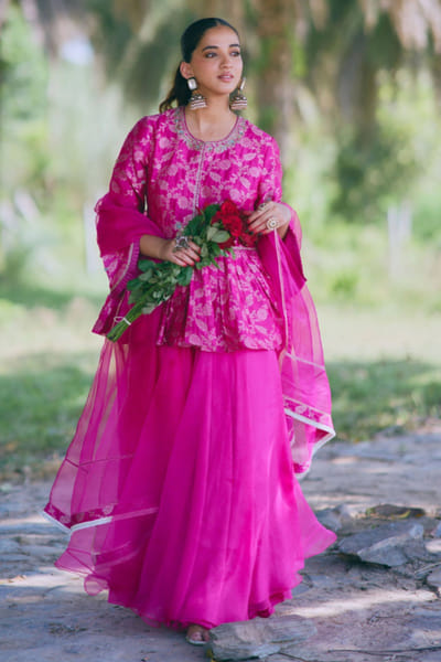 MIRASA Rani pink embroidered peplum kurta-sharara set MIRAJUN26D147228