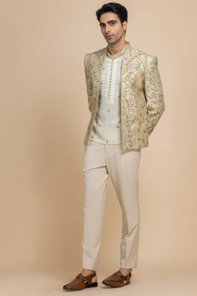 Pistachio green hand embroidered jacket set