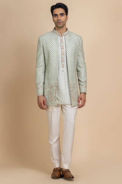 Lime cream hand embroidered jacket set