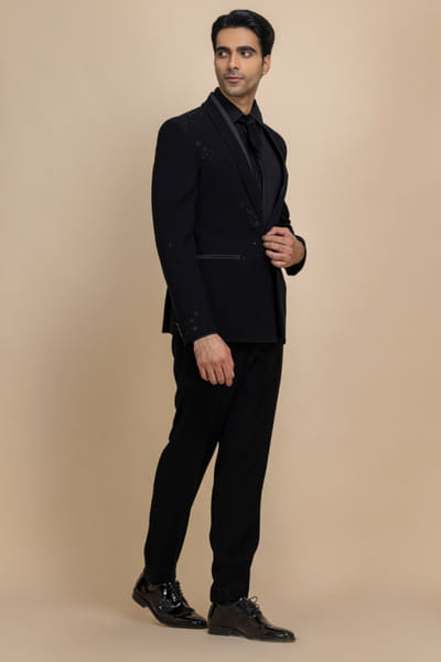 Black embroidered Japanese crepe tuxedo set