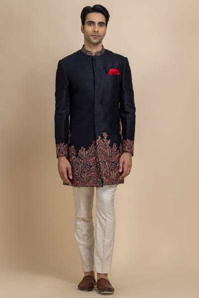 Black thread hand embroidered achkan set