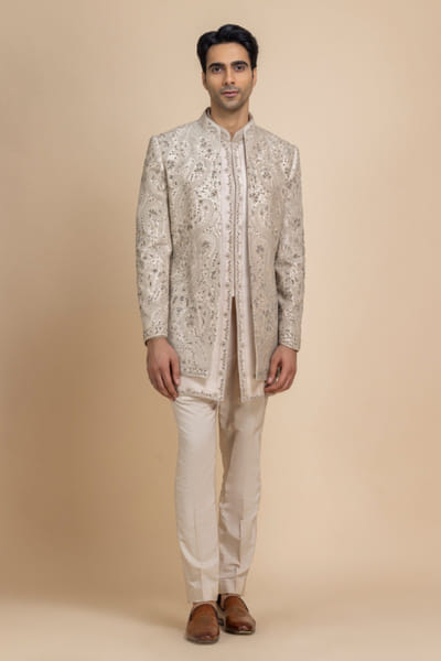 Ivory hand embroidered raw silk jacket set