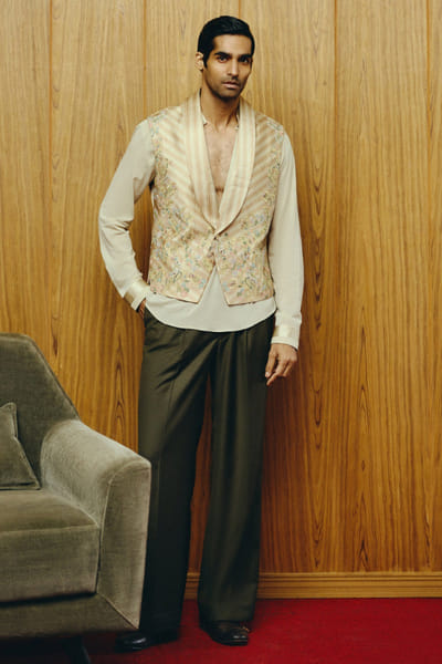 Olive plaid embroidered waistcoat set