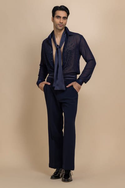 Indigo blue hand embroidery shirt and pant set