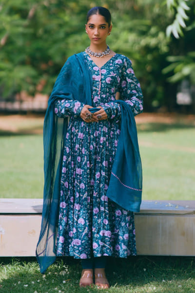 MIRASA Green floral print anarkali set MIRAJUN26D147240
