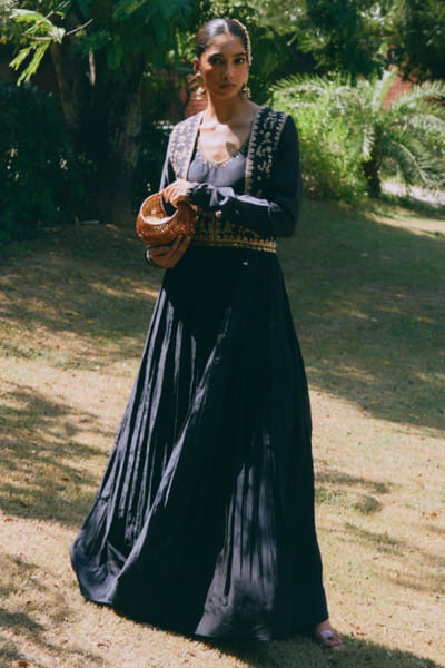 MIRASA Black embroidered chanderi jacket-anarkali set MIRAJUN26D147239