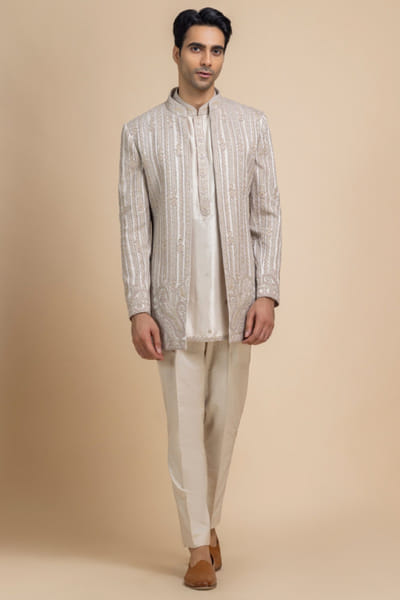 Silver ivory hand embroidered jacket set