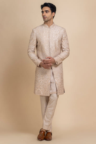 Blush ivory hand embroidered sherwani set