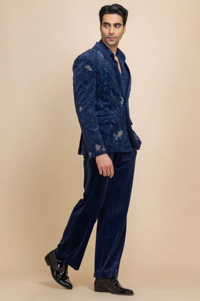 Cobalt blue embroidered velvet tuxedo set
