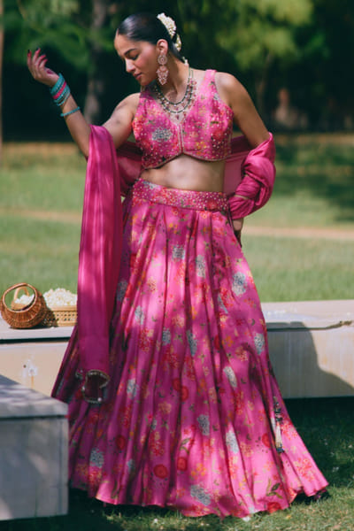 MIRASA Pink printed embroidered jacket-lehenga set MIRAJUN26D147230