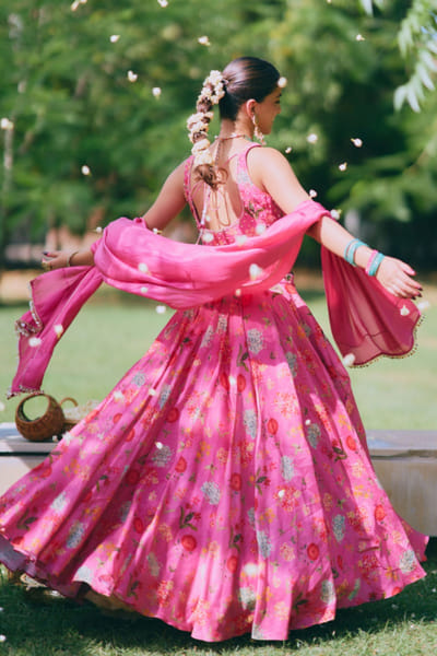 MIRASA Pink printed embroidered jacket-lehenga set MIRAJUN26D147230