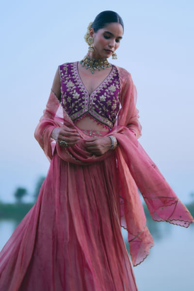 MIRASA Purple embroidered brocade lehenga set MIRAJUN26D147234