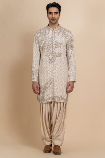 Ivory beige embroidered chikankari kurta set