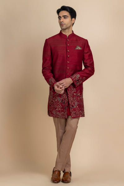 Rust red hand embroidered achkan set