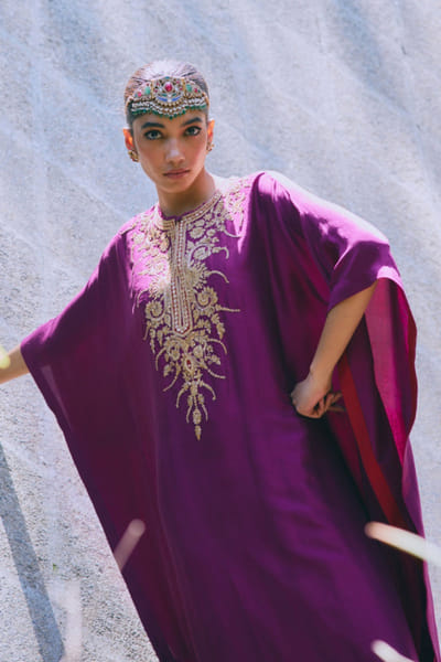 MIRASA Purple embroidered banarasi kaftan set MIRAJUN26D147247