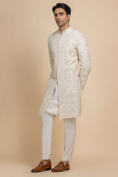 Pearl white raw silk sherwani set