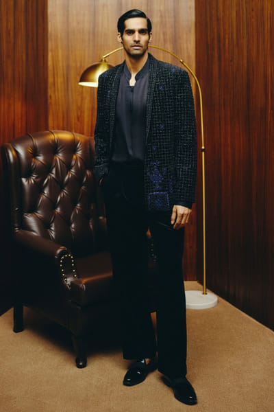 Black crystal embellished tuxedo set