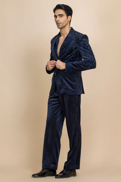 Ink blue velvet tuxedo set