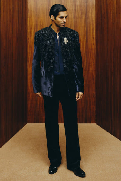 Navy beaded embroidered jacket set