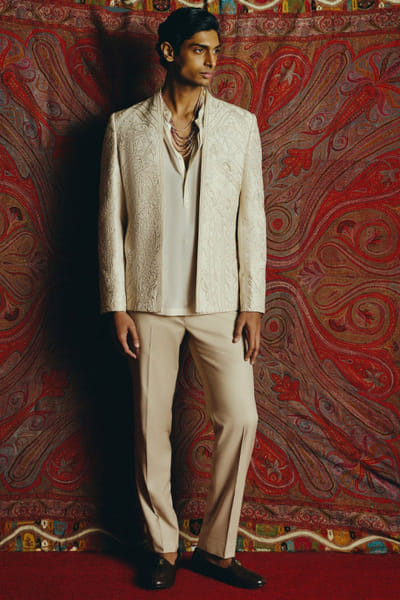 Ivory tonal embroidered jacket set