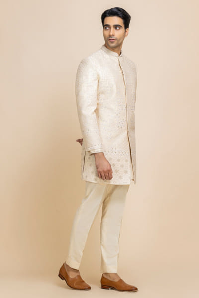 Pearl white tonal embroidered sherwani set