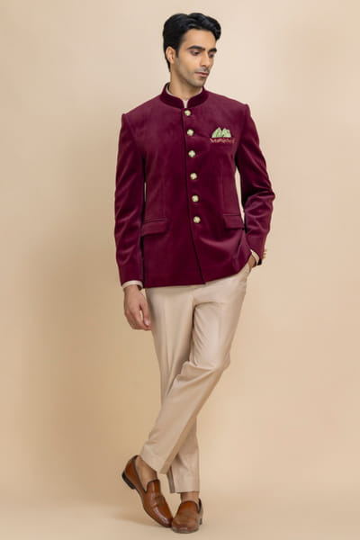 Cherry red velvet bandhgala set