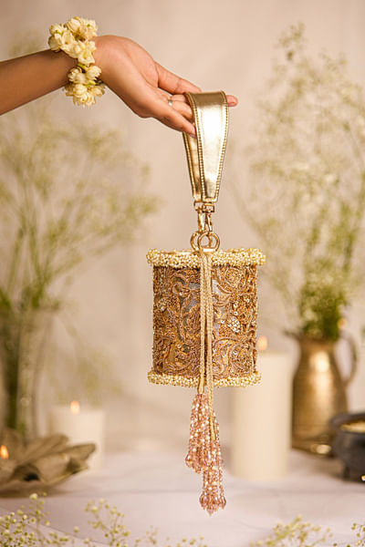 Gold zardozi beaded cylindrical bucket bag