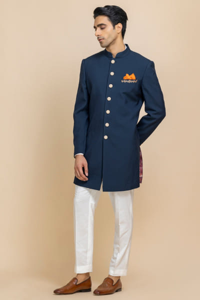 Navy blue twill achkan set