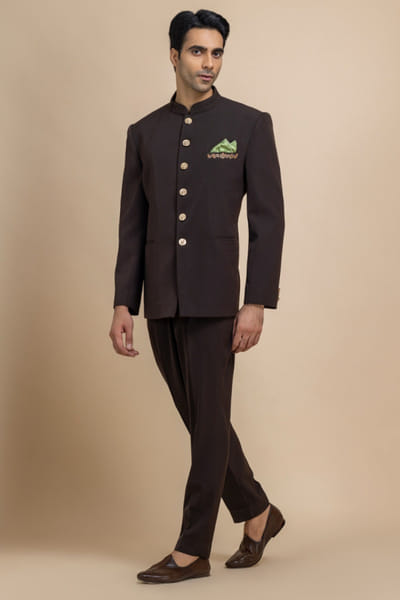 Dark brown twill bandhgala set