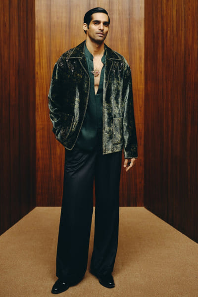 Green embroidered velvet jacket set