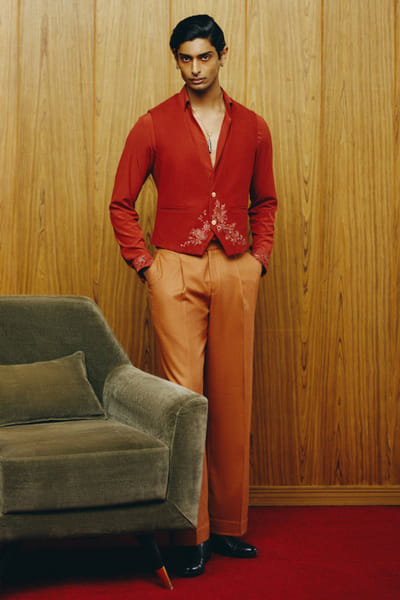 Rust tonal embroidered waistcoat set