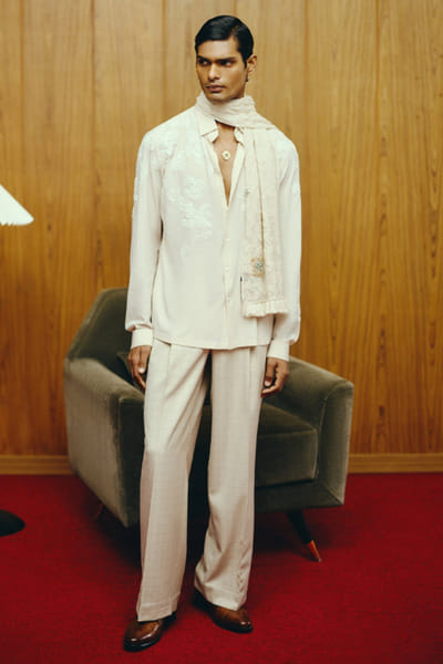 White tonal embroidered shirt and pant