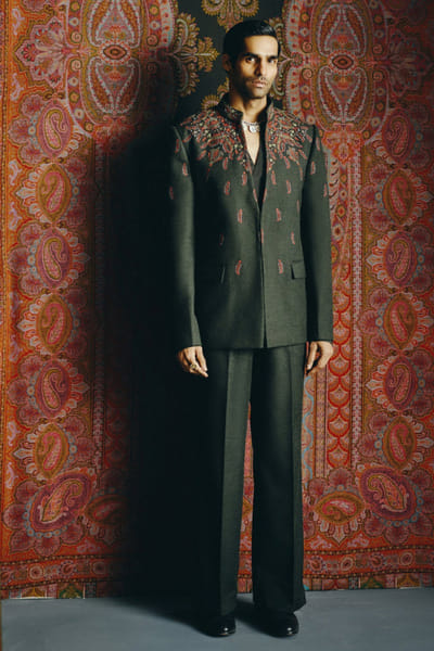 Charcoal kashida embroidered jacket set